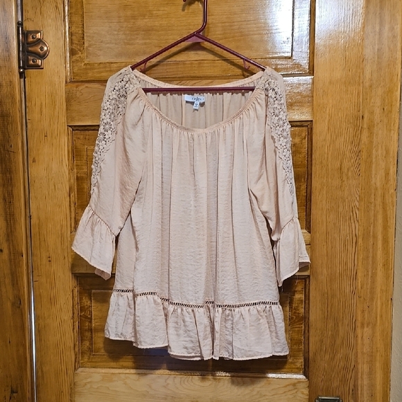 Star Fever Tops - Fever Pink Ruffled 3/4 Sleeve Tunic L
